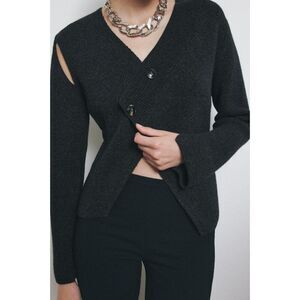 Zara Womens Sweater S Anthracite Gray Cut Out Wool Blend Cardigan 6771/135 NWT